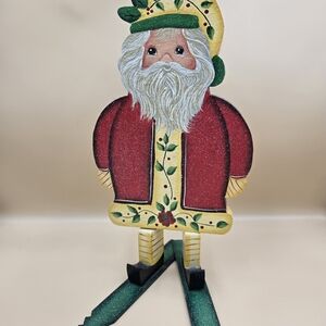 Santa On Skis Holiday Wooden Decoration - Red, Yellow and Green